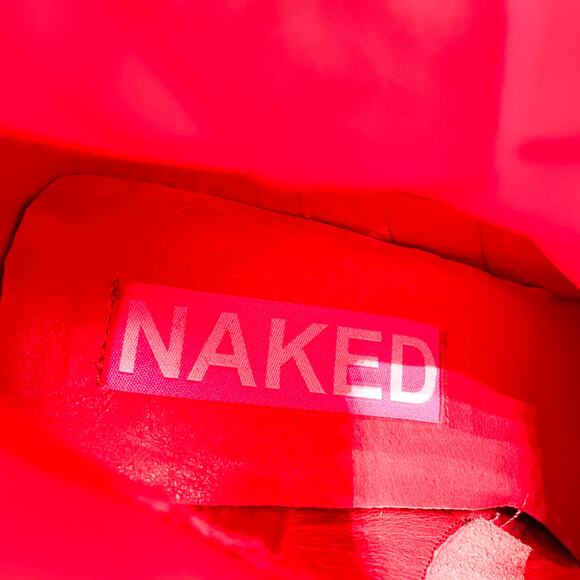 Naked Wolfe Viva Satin Boots Red Pointed Toe Block Heel Ankle Logo Sz 10 - Picture 10 of 10